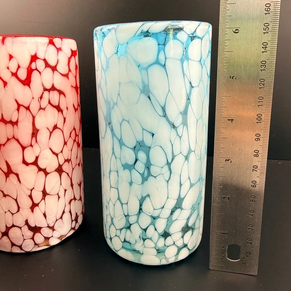 Hand Blown Red White Blue Pebble Art Glass Highball Tumblers 6.5